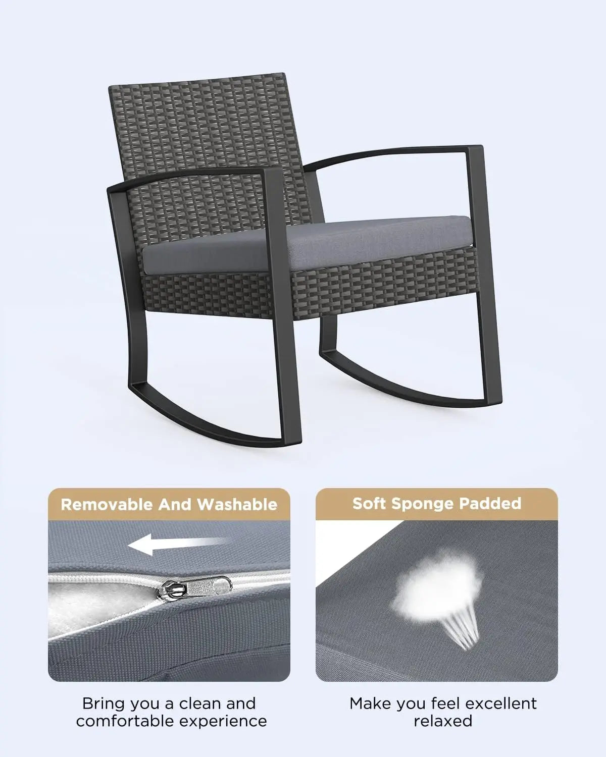 3 Pieces Patio Furniture Set Rocking Bistro Set Outdoor Rattan Conversation with Coffee Table for Garden Balcony Backyard