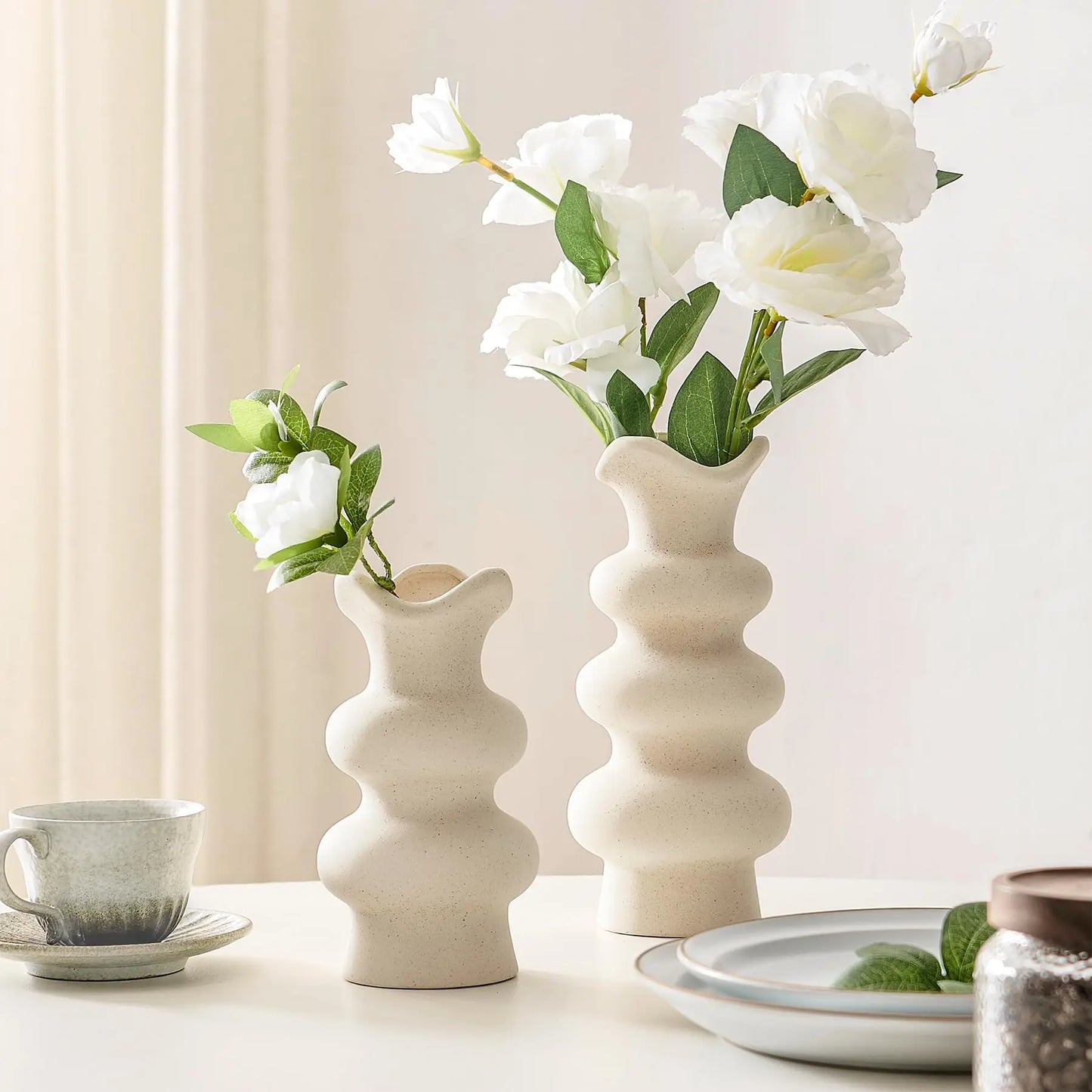 White Ceramic Vases Modern Decorative Flower Vase Minimalist Boho Aesthetic Cream Flower Vases for for Home Decor